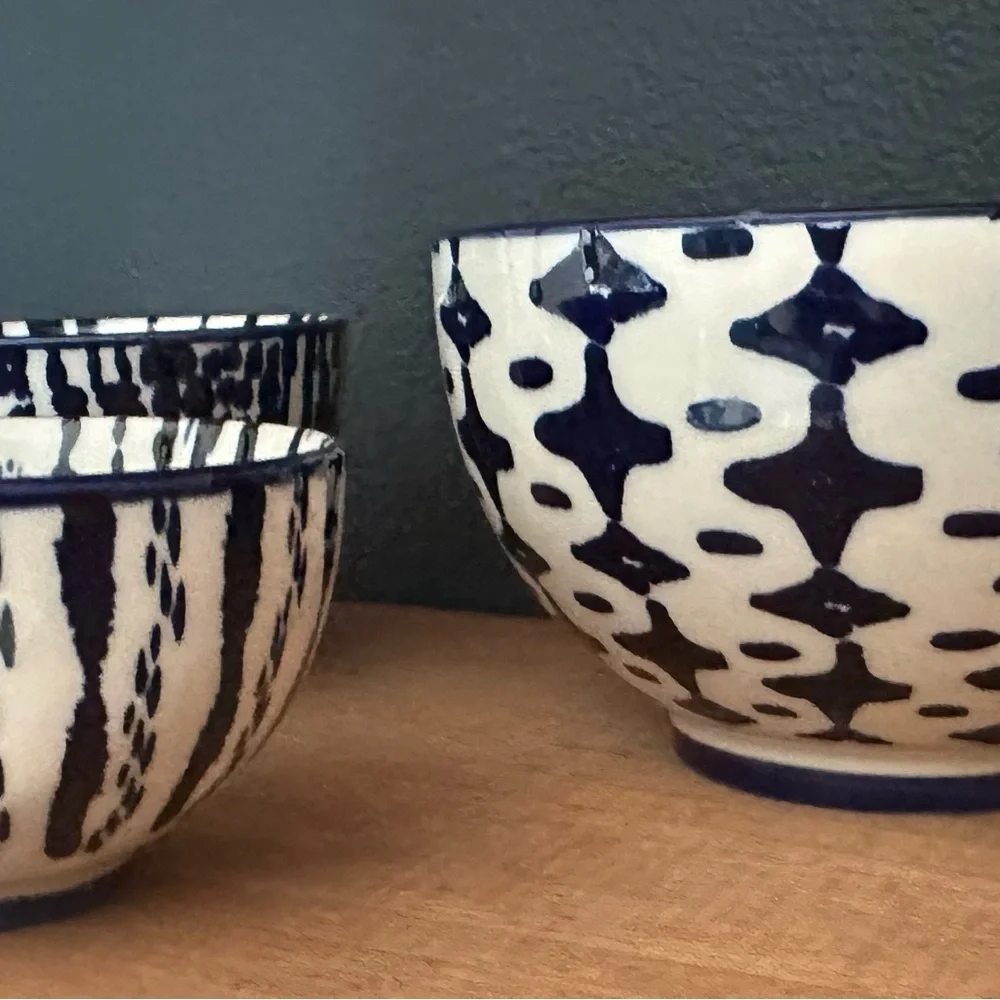 3 West Elm Blue and White Ceramic Art Bowls